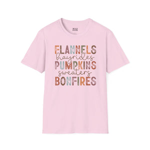 Flannels Hayrides Pumpkins Sweaters and Bonfires Tee - S / Light Pink - Wild Pour