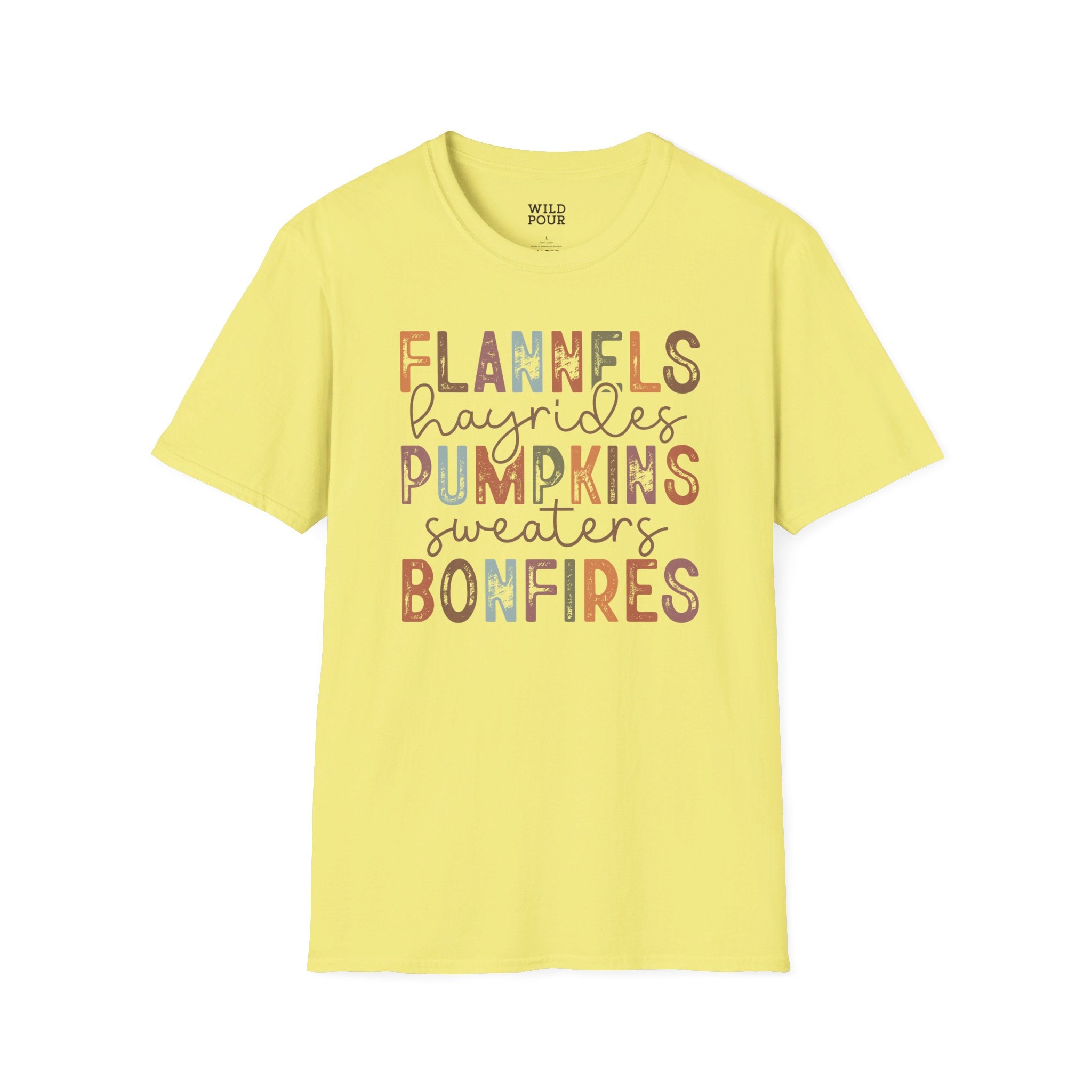 Flannels Hayrides Pumpkins Sweaters and Bonfires Tee - S / Cornsilk - Wild Pour