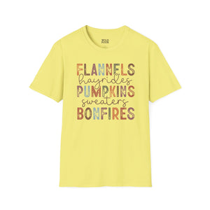 Flannels Hayrides Pumpkins Sweaters and Bonfires Tee - S / Cornsilk - Wild Pour