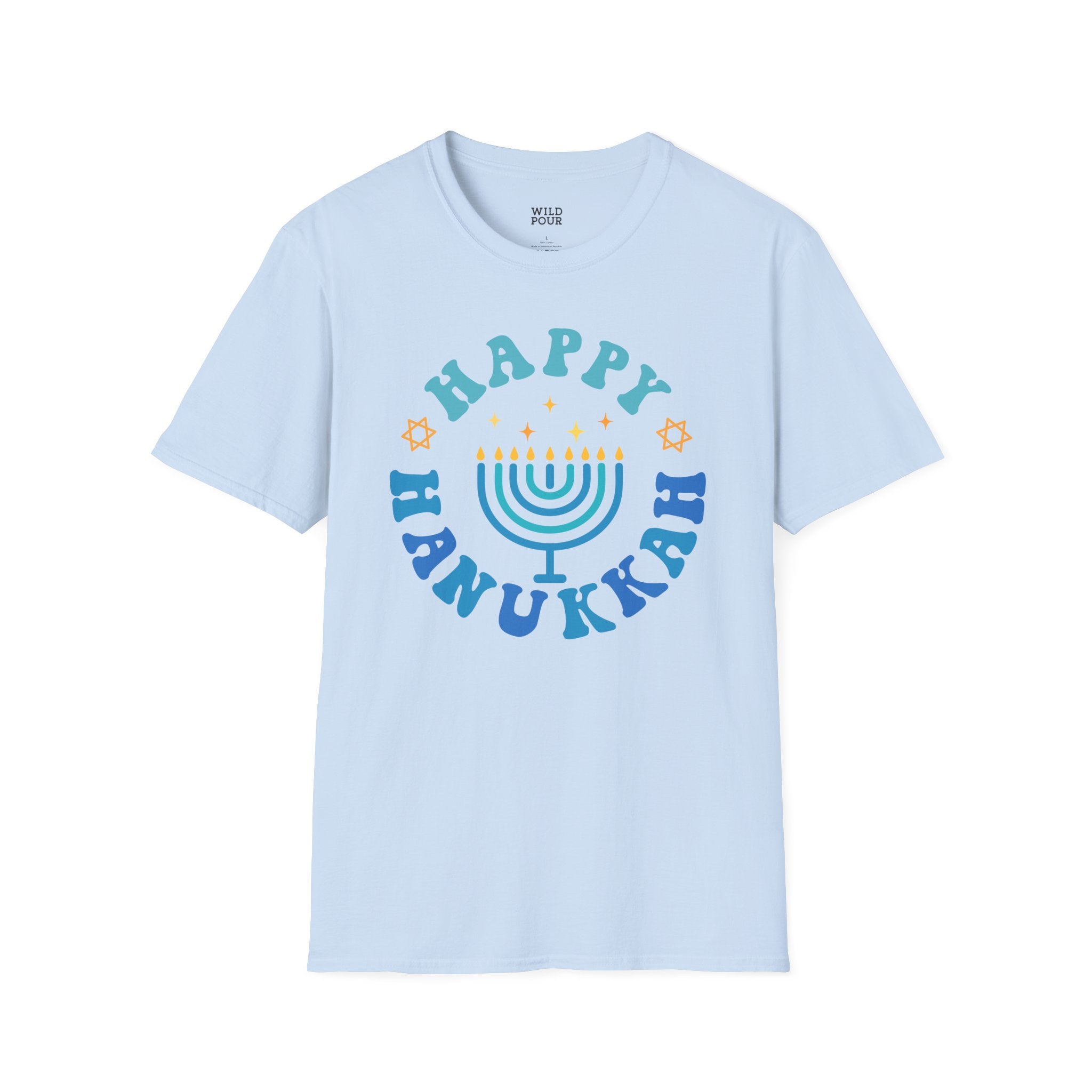 Happy Hanukkah, Menorah Tee - S / Light Blue - Wild Pour