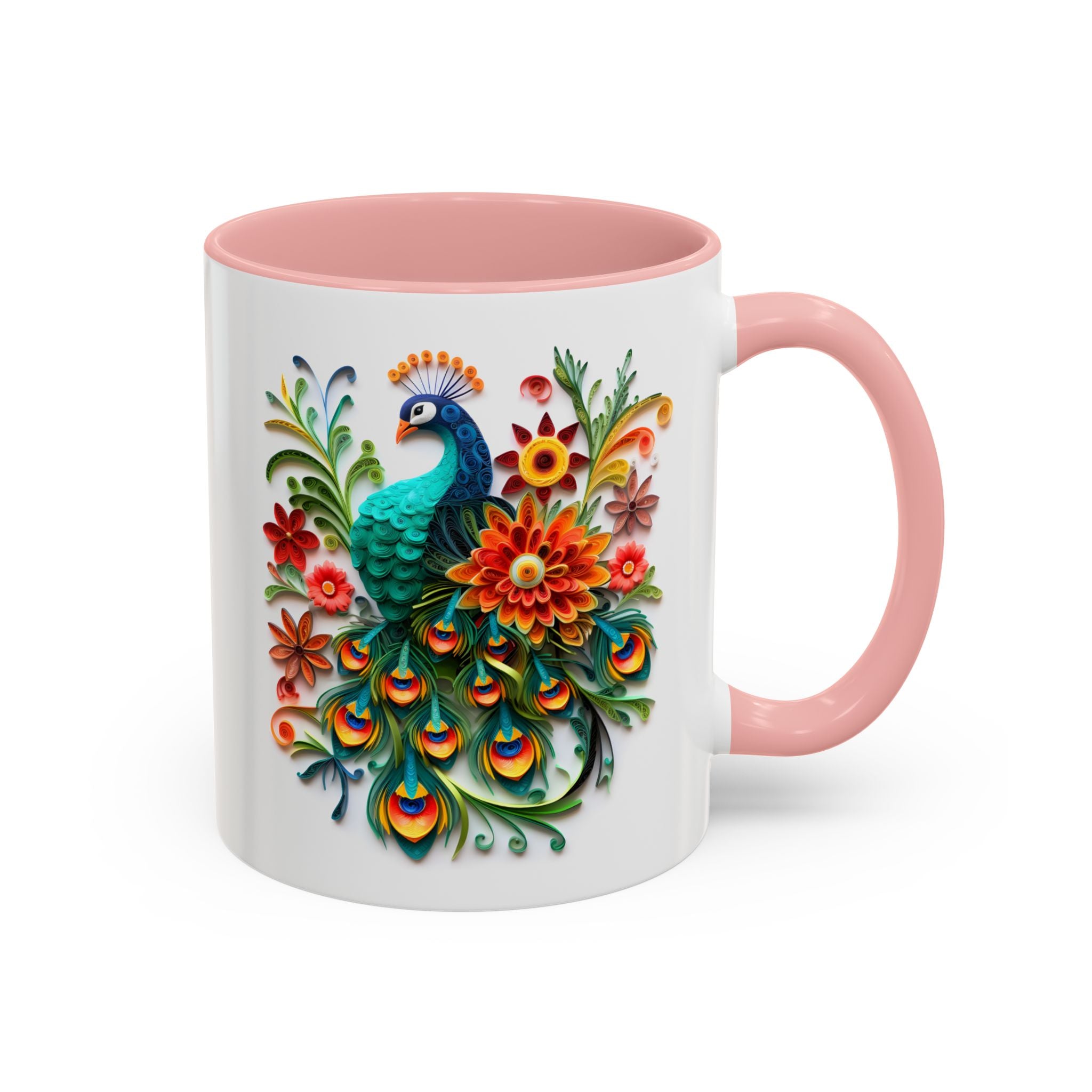 Peacocks, Paper Quilling Mug - 11oz / Pink - Wild Pour