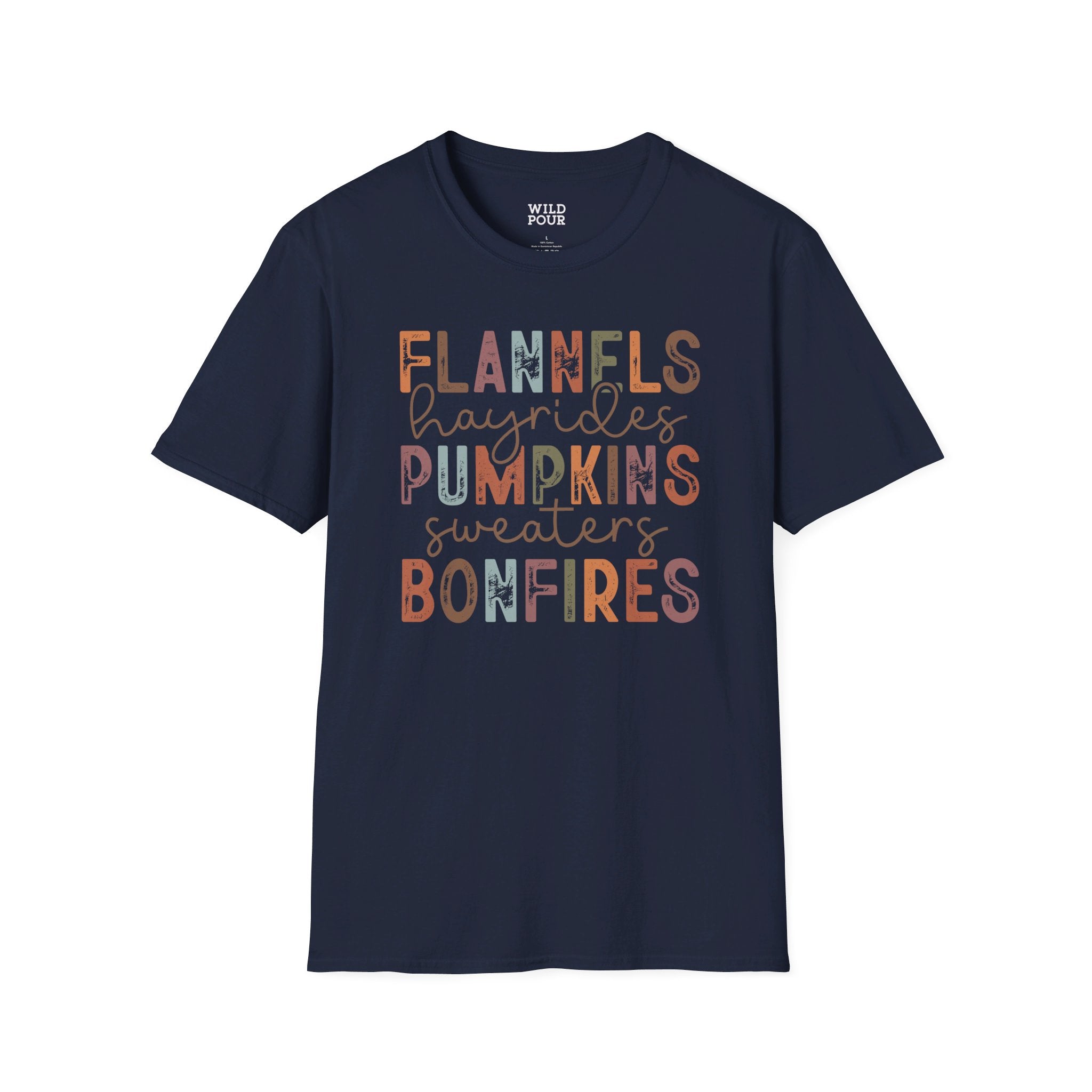 Flannels Hayrides Pumpkins Sweaters and Bonfires Tee - S / Navy - Wild Pour