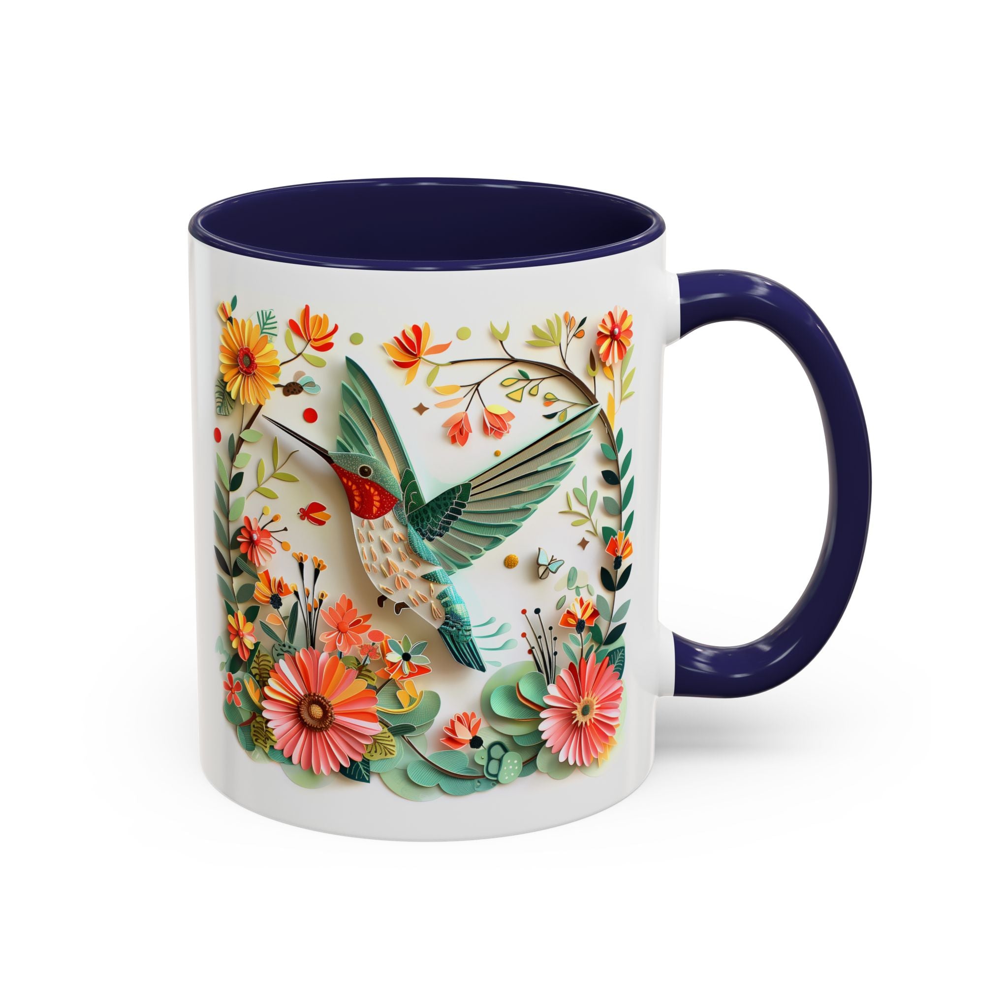 Hummingbird in Flight, Paper Quilling Mug - 11oz / Navy - Wild Pour