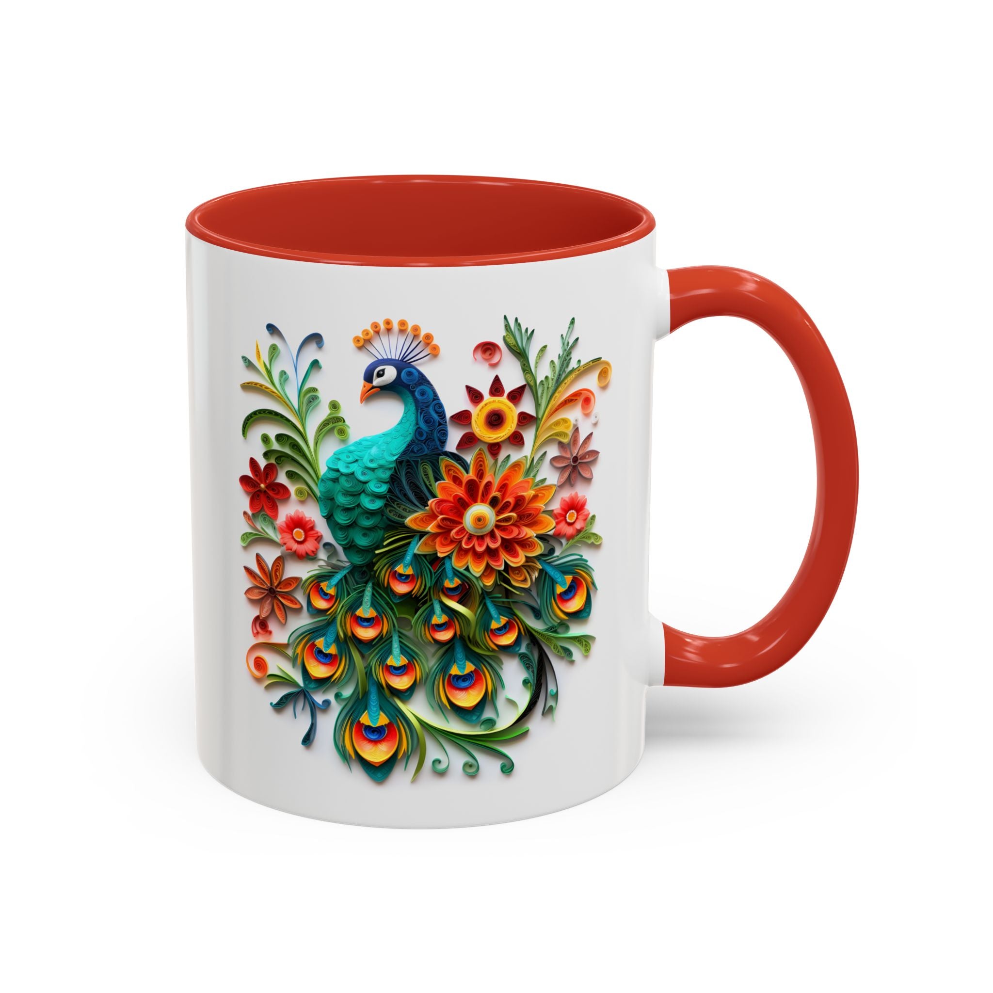 Peacocks, Paper Quilling Mug - 11oz / Red - Wild Pour