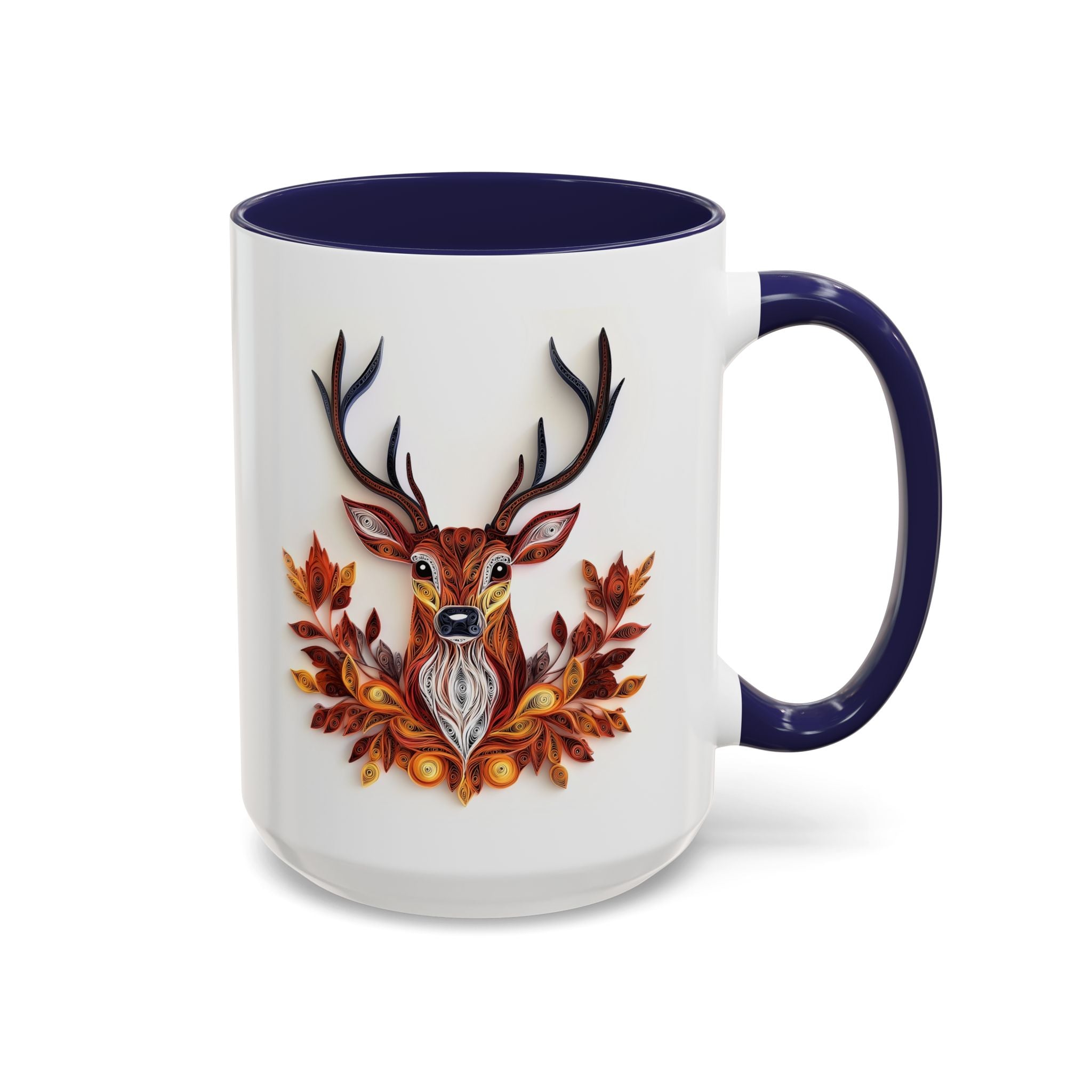 Deer with Fall Leaves, Paper Quilling Mug - 15oz / Navy - Wild Pour