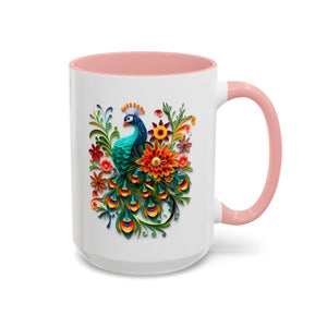 Peacocks, Paper Quilling Mug - 15oz / Pink - Wild Pour