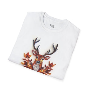 Deer with Fall Leaves, Paper Quilling Tee - S / White - Wild Pour