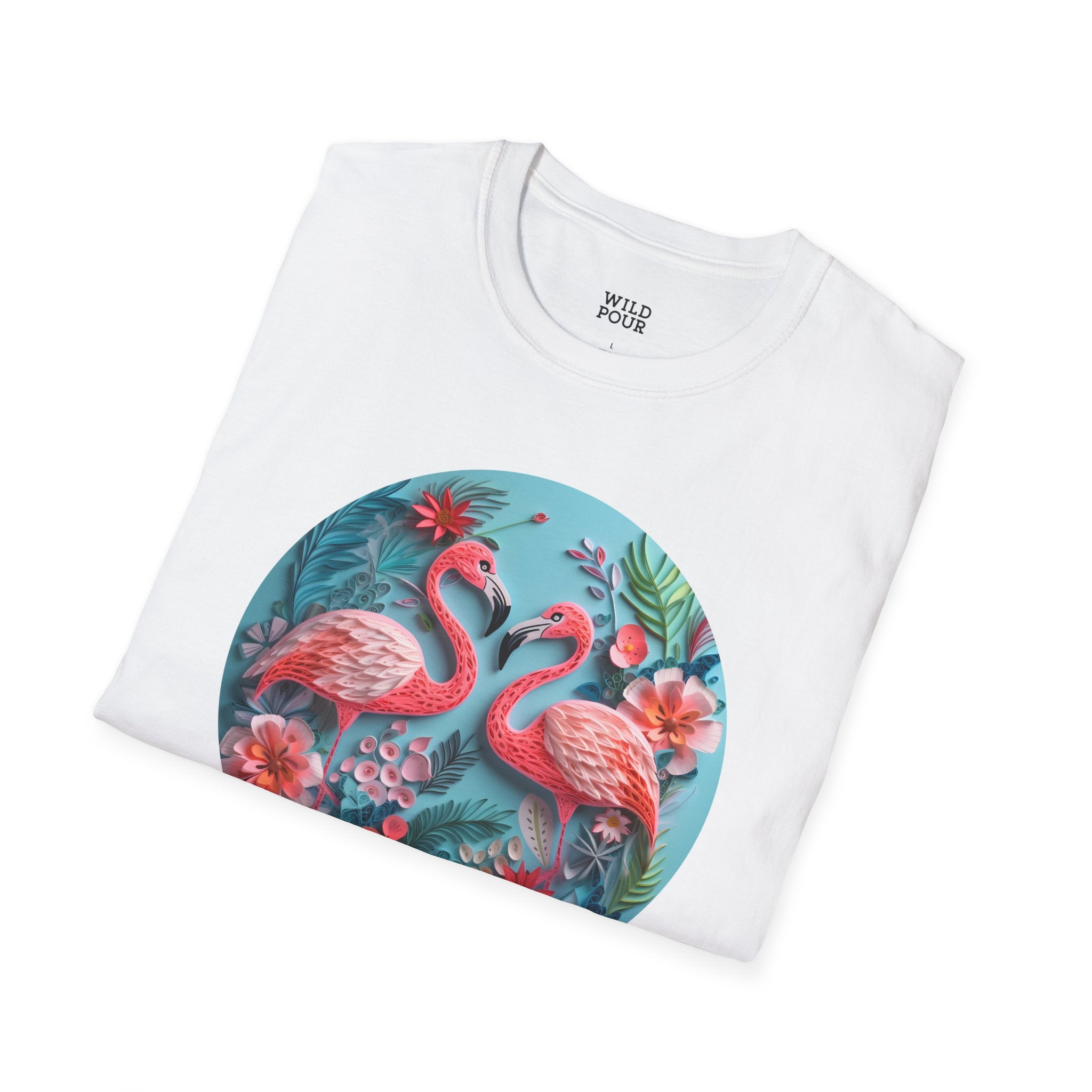 Flamingos, Paper Quilling Tee - S / White - Wild Pour