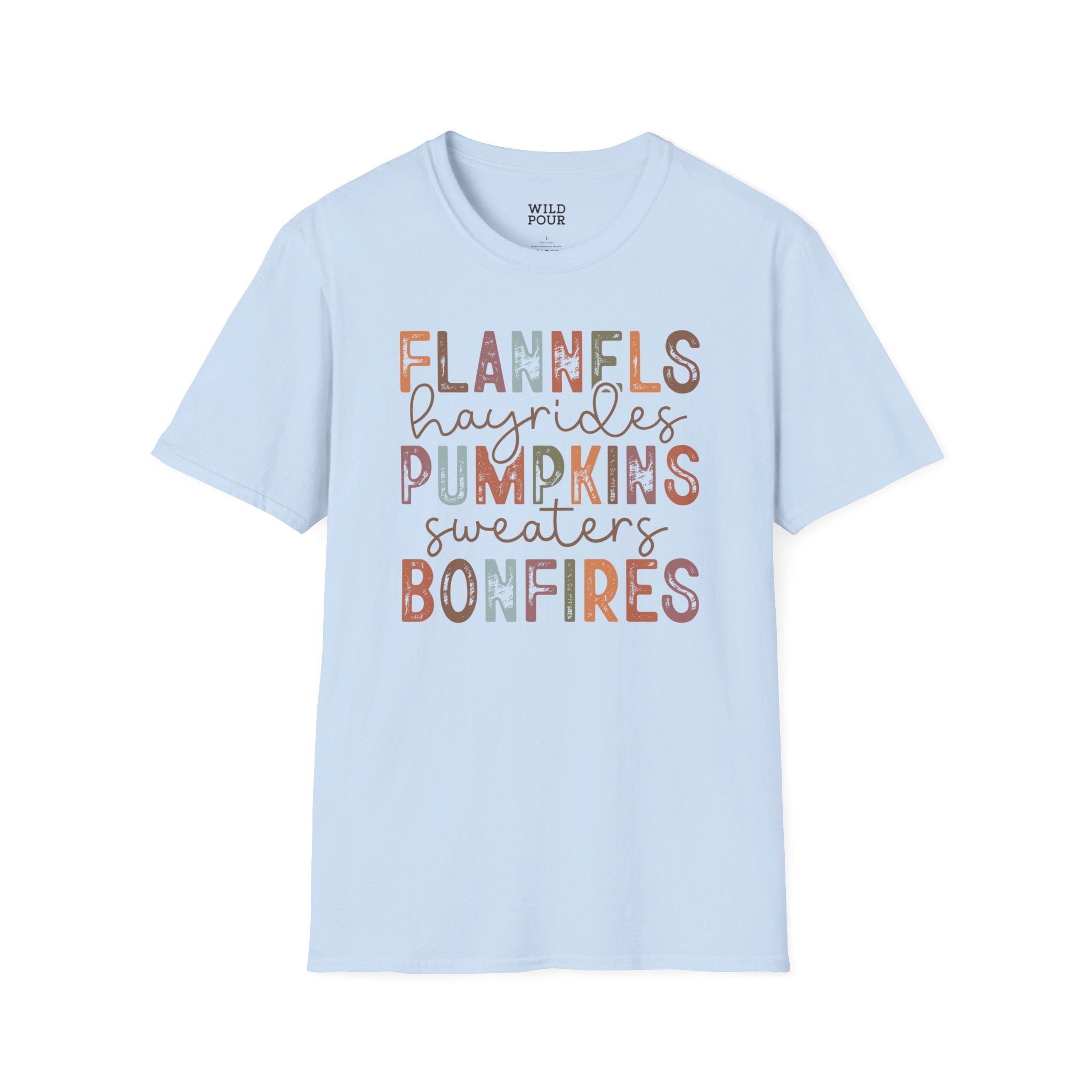 Flannels Hayrides Pumpkins Sweaters and Bonfires Tee - S / Light Blue - Wild Pour