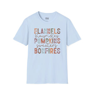 Flannels Hayrides Pumpkins Sweaters and Bonfires Tee - S / Light Blue - Wild Pour