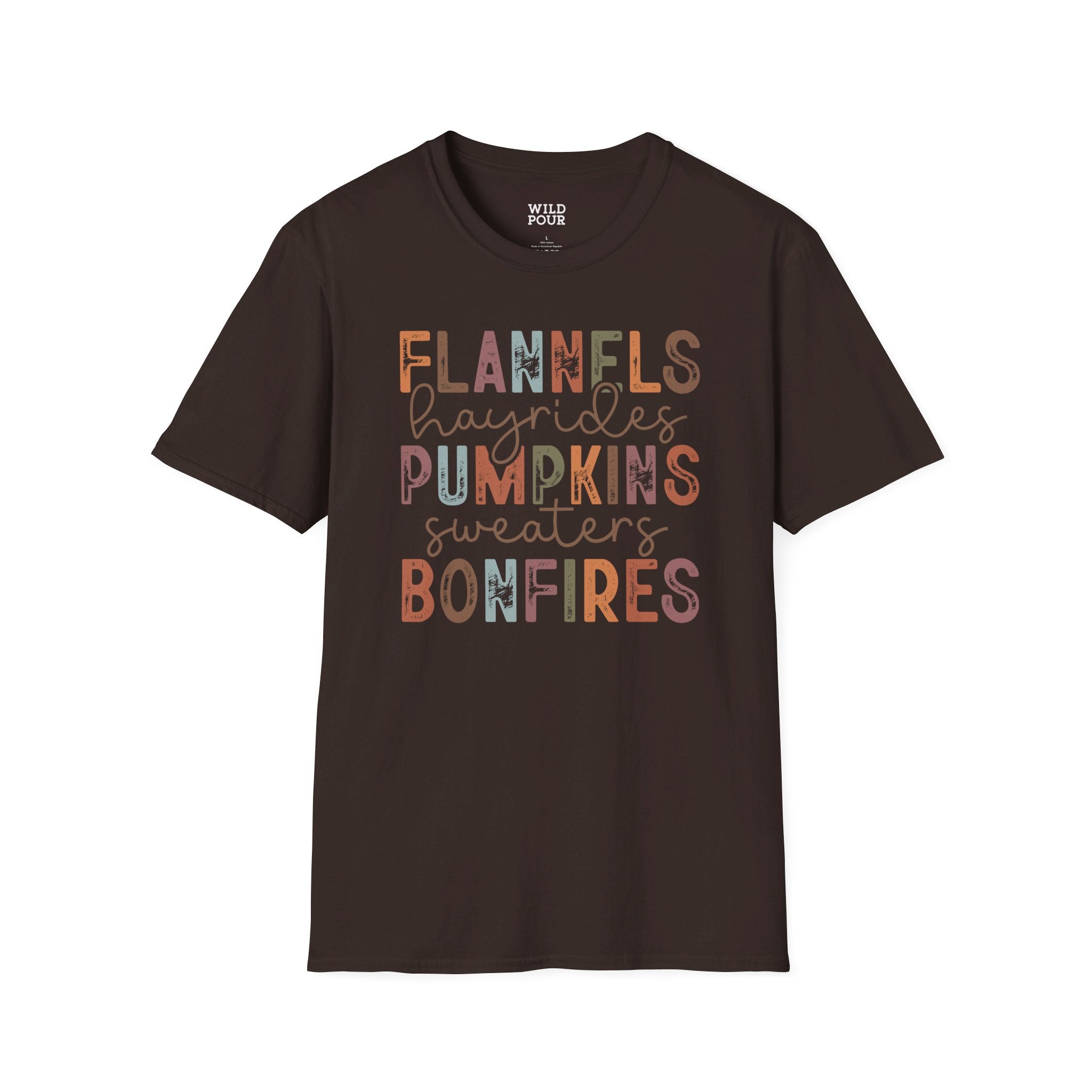 Flannels Hayrides Pumpkins Sweaters and Bonfires Tee - S / Dark Chocolate - Wild Pour