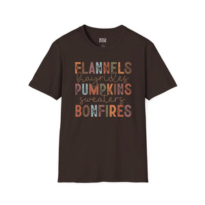 Flannels Hayrides Pumpkins Sweaters and Bonfires Tee - S / Dark Chocolate - Wild Pour